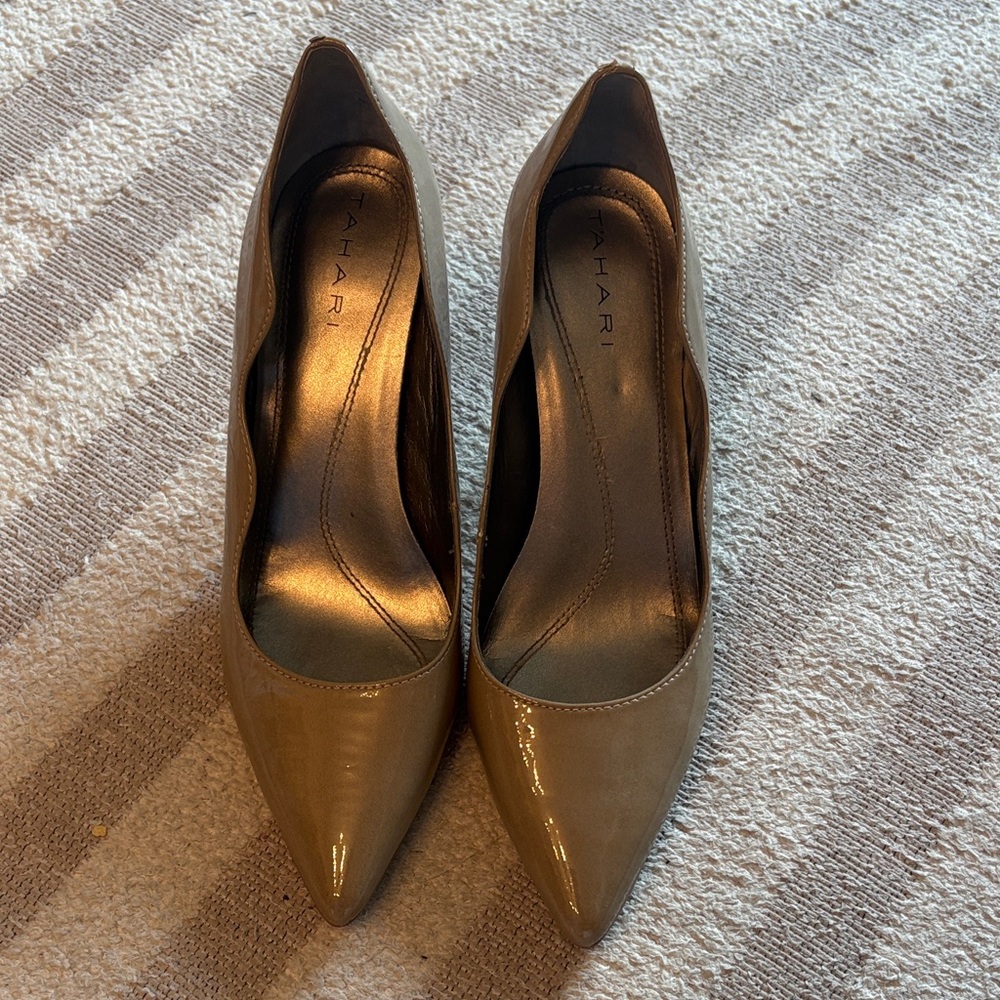 Tahari Taupe Patent Pointed-Toe Pumps